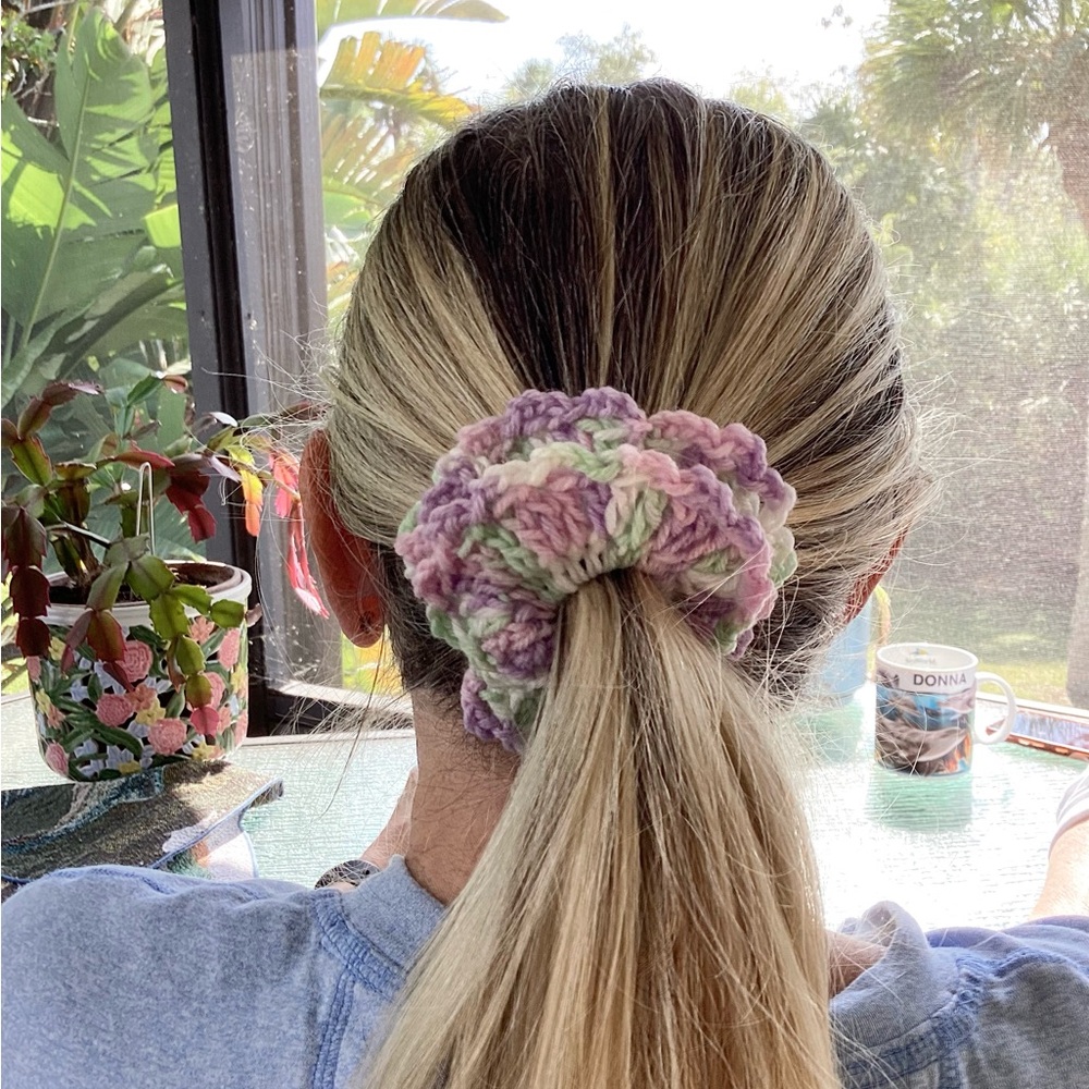 Hair Scrunchy Set Hand Crafted Colorful Spring Summer Crochet Purple Green - Picture 9 of 13